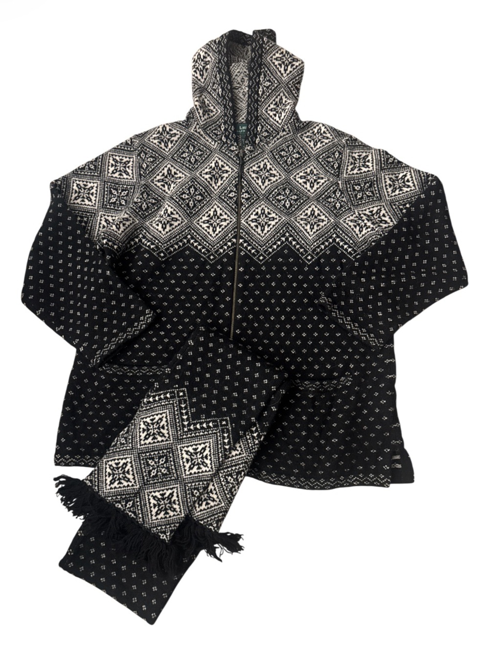 Lauren Ralph Lauren Black & White Nordic Zip Hoodie Coat 100% Wool - Size XL